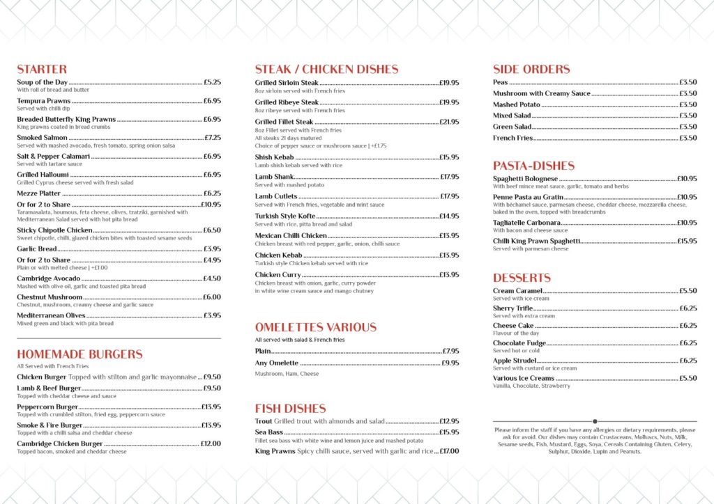 Cambridge Hotel Lunch & Dinner Menu