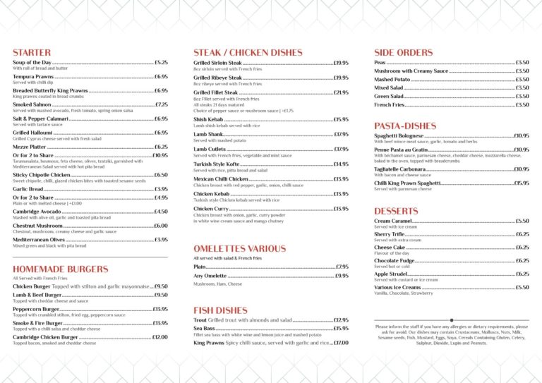 Cambridge Hotel Lunch Dinner Menu